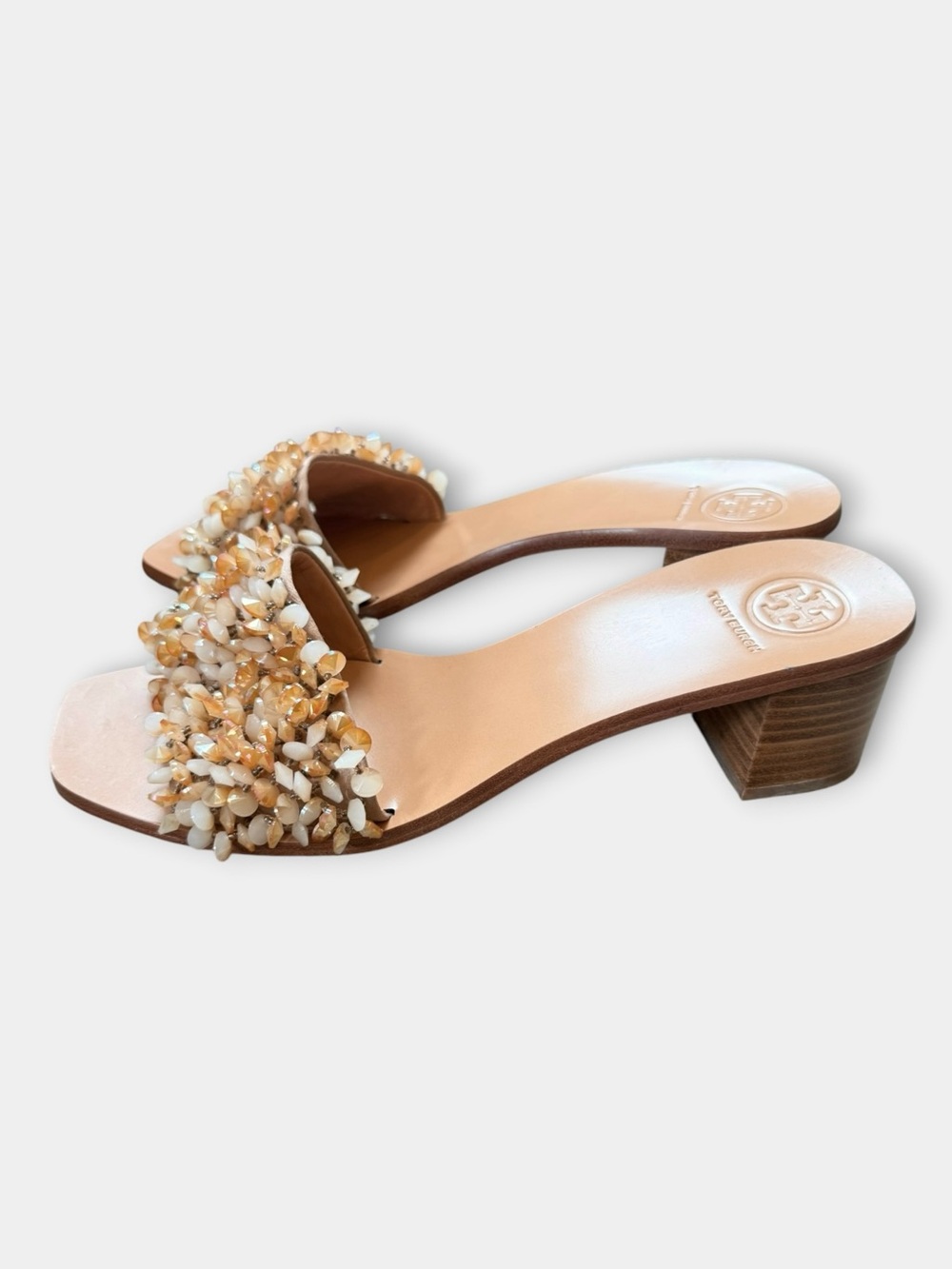 Tory Burch Logan Beaded Tan Slide Mule Sandals Heels Sz 7.5